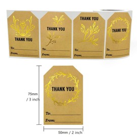 250pcs Thank You Gift Tags Stickers, to and from Gift Stickers, Kraft Paper with Gold Foiled Thank You Gift Tags Labels for Gift Wrap,Wedding,Baby Shower, Holiday Party Favor, 2"x3"(4 Degsins)