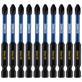 10 x Rennie Tools 75mm Long PH2 Impact Screwdriver Driver Bits Set. Magnetic Phillips No.2 Heavy Duty Impact Driver Bit Set. Long PH2 Bits. Hex Shank. Cross Head Long PH2 Bits. Black Oxide Coated