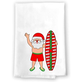 Christmas Decor | Decorative Kitchen and Bath Hand Towels | It's To A Lot | Winter Novelty | White Towel Home Holiday Decorations | Gift Present (Surfboard Santa)
