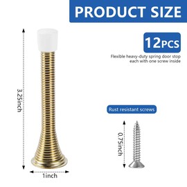 KISEER 12 Pack Spring Door Stops 3 1/4 Inch Flexible Heavy Duty Spring Door Stopper with RustProof Screw Rubber Bumper Tips (Gold)