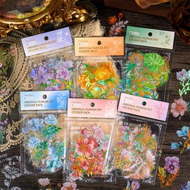 Yoksas Holographic Gold Foil Nature Flowers Plants Stickers - 240Pcs Waterproof Clear Glitter Botanical Floral Scrapbook Stickers for Junk Journals,Planner,Resin Art Supplies
