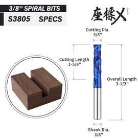 ZahyoX 3/8 Compression Bit CNC, Nano Coated Solid Carbide Spiral Router Bit, 3/8" Cutting Dia, 3/8" Shank, 1-5/8" Cutting Length, 3-1/2" Overall Length, CNC Router Bits, CNC End Mill
