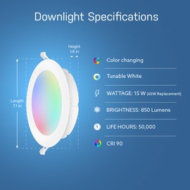 Feit Electric 6" Smart LED Canless Recessed Downlight, 65W EQ, Dimmable, WiFi Enabled, Compatible with Alexa and Google Home Asst, Color Changing, 90 CRI, 850 Lumens, 4 Pack, LEDR6XT/RGBW/CA/AG/4