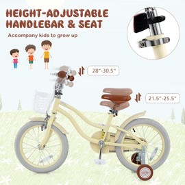 HOMGX 14”/16”/18” Kids Bike for Boys & Girls Aged 3-8 Years Old w/Training Wheels,Basket, 95% Pre-Assembled (Beige, 16")