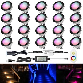 CHNXU LED Outdoor Deck Lights with Photocell, Φ1.77in RGB 20 Pack Black, Low Voltage 12V IP67 Waterproof, Multi Color Changing Remote, Electric Wired Recessed Stair Step Landscape Lighting for Yard