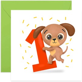 Old English Co. Birthday Dog Puppy Card - Fun, Cute, and Colourful First Birthday Card for Boy, Girl, Babies | For Son, Daughter, Grandchild, Godson | Blank Inside & Envelope Included (1st)