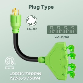 30 Amp to 20 Amp /15Amp 110V Generator RV Adapter, NEMA L14-30P to 4X 5-15R/5-20R Generator Distribution Cord, 4 Prong Twist Lock Plug, Four Outlets with Dust Protection Caps, STW 10AWG*4C, 1FT