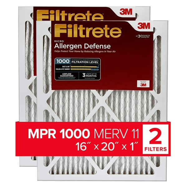 Filtrete 16x20x1, AC Furnace Air Filter, MPR 1000, Micro Allergen Defense, 2-Pack (exact dimensions 15.719 x 19.719 x 0.84)