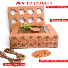 Mudrit (10-Pack) Cupcake Boxes Bulk | Cupcake Holder with Lid | Disposable Cupcake Containers | Food Grade Kraft Bakery Boxes with Window to Fit 12 Cupcakes, Cookies, Muffins ,Pastry, Long Treats