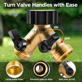 IPOW Brass Heavy Duty 2 Way Y Valve Garden Hose Splitter Adapter High Flow Spigot Splitter + 6 Rubber Hose Washers with Comfort Grip Use