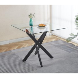 Gnrolaz 36'' Square Glass Dining Table for 2-4, X-Shape Black Metal Legs, Glass Tea Table Square Kitchen Table for Small Space