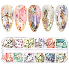 Nail Art Shell Flakes,1Box 12Grids Irregular Abalone Seashell Slices for Nail Art,Nail Art Accessories Colorful Shell Pieces Nail Sequins Glitter for DIY Manicure (Shell Pieces A)
