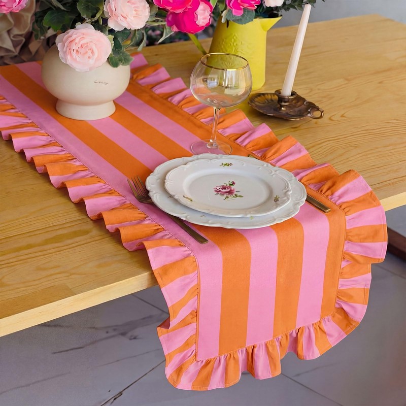 HunnmingRe Ruffle Edge Striped Table Runner 118 x 15.7 Inch