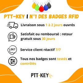 PTT-KEY ® | Set of 2 13.56 MHz RFID Badges | Programmable MCT on Android Smartphone | Editable UID | CUID Chip | Universal Vigik Badge | NFC Tag | Badge Mount | Building a