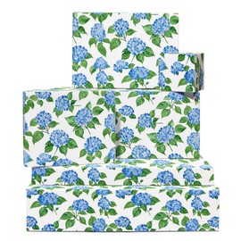 Geschenkpapier Weiß – 6 Bögen edles Blumen-Geschenkpapier – blaue Hortensien – für Geburtstag, Hochzeit, Brautparty – mit Aufklebern – recycelbar – von Central 23