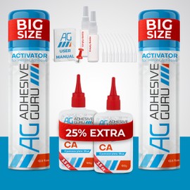 Adhesive Guru CA Glue with Activator Kit (2x3.5 oz + 2x13.5 fl.oz) Professional Cyanoacrylate Adhesive and Super Glue Accelerator for Woodworking with Extra Caps&Microtips, DIY&Craft, Plastic, Repair,