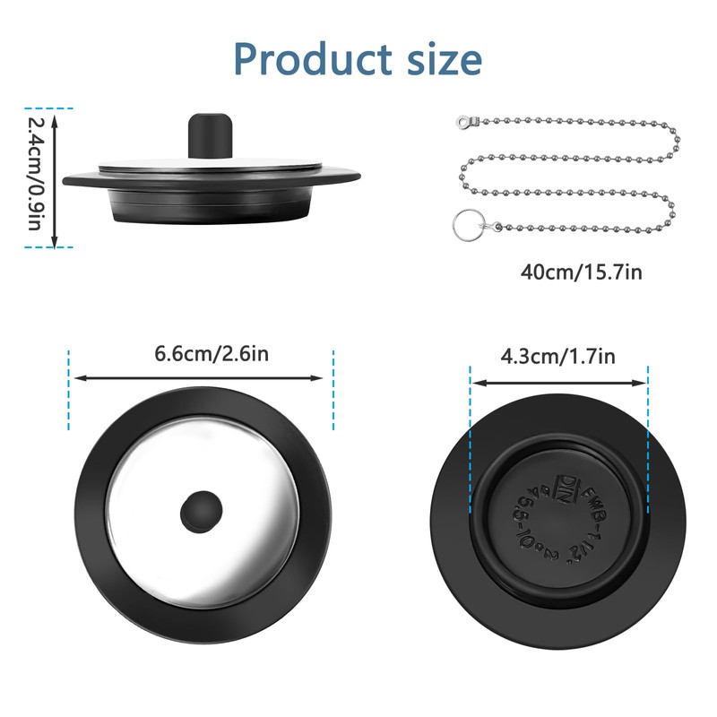 QINCINA 1 Pcs Universal Sink Plug, Black Rubber, 43mm, 23mm,