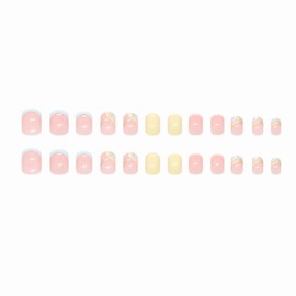 MERVF Square Press on Nails Short Fake Nail Blue French Tip Glue ons Rainbow Swirls Glitter Lines Acrylic Nails Squoval Summer Manicure 24pcs Glossy