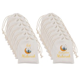 Hitopin 20 Pieces Eid Mubarak Party Favor Gift Treat Bags, Ramadan Mubarak Drawstring Bags, Eid Mubarak Goodie Bags, Moon Star Pattern Ramadan Treat Bags, for Muslim Islamic Eid Iftar Diwali Party