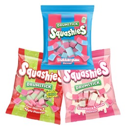 Squashie Drumstick Candy Variety Pack – 3-Pack Deal (120g Each) – Bubblegum, Sour Cherry & Apple, Strawberry & Cream – Imported from the UK