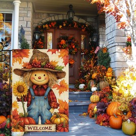 Fall Pumpkin Scarecrow Garden Flag for Outside 12x18 Inch Double Sided Burlap Welcome Autumn Thanksgiving Maple Leaf Sunflower Flowers Farmhouse Holiday Rustic Outdoor Yard Flag Home Decorations