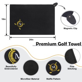 OXYEFEI Magnetic Golf Towel Gift,Funny 16”x 24” Microfiber Waffle Golf Towels with Gold Embroidered Monogrammed, Golf Towels for Golf Bags for Men with Clip, Golf Accessories for Men Women (M)