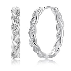 PABBEU Sterling Silver Hoop Earrings,Hypoallergenic Twisted Silver Hoops Earrings for Women Lightweight Silver Hoop Earrings with Cubic Zirconia Silver Hoops 15MM