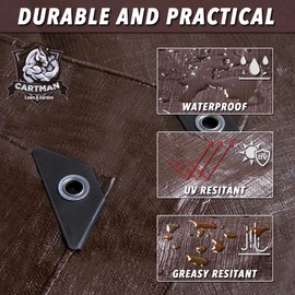 CARTMAN Finished Size 10x10 Feet Extra Thick 20 Mil Brown Ultra Heavy Duty Poly Tarp, Multipurpose Protective Cover, UV Resistant, Waterproof Poly Tarpaulin with Reinforced Edges