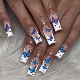 IMRAIN Press on Nails Long Square Fake Nails White French Tips False Nails with Blue Butterfly Designs Full Cover Glossy Glue on Nails Acrylic Artificial Nail Supplies for Women 24Pcs