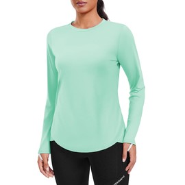 PINSPARK Hiking Shirts for Women Long Sleeve Rash Guard UV Protection Crewneck Workout Tops with Thumbholes, Green XXXL