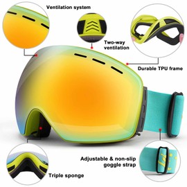 Trusiel Ski Goggles, Ski Goggles Women Men Anti-Fog Ski Goggles OTG, Ski Goggles for Glasses Wearers, 400 UV Protection, Snow Goggles Compatible Helmet (Green (VLT 14%))