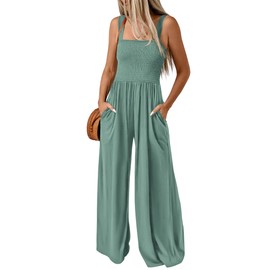 KIRUNDO Womens Jumpsuit 2024 Summer Casual Loose One Piece Overalls Smocked Sleeveless Wide Leg Rompers With Pockets(Light Green, Medium)