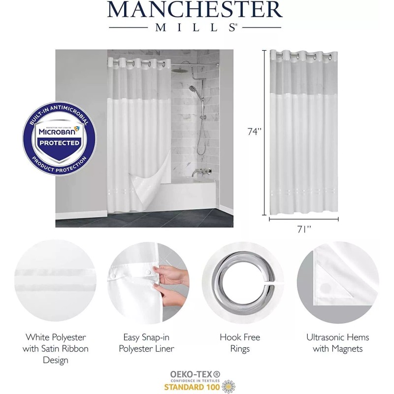 Manchester Mills Protect360° Satin Ribbon Hook Free Shower Curtain -