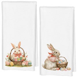 Qabliqo Easter Bunny Kitchen Towels Set of 2, Coquette Pink Bow Easter Dish Towels, Easter Bunny Eggs Decor Hand Towels for Bathroom, Bunny Gifts for Girls Women, Easter Home Decor, 16x24 Inch