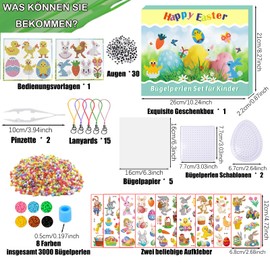 3057 Pieces Ironing Beads Easter, Ironing Beads Plates Set with 14 Designs, Ironing Beads Set for Children, Easter Decoration with 14 Ironing Beads Templates, 3000 Colourful Plug-in Beads, 2 Ironing