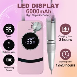 Nail Drill Professional 35000 RPM Electric Nail E File for Acrylics Gel Nail Polishing Remover Cordless Portable Nail Drill Kit Pink Rechargeable Nail File Machine with Bits LED Display for Home Salon