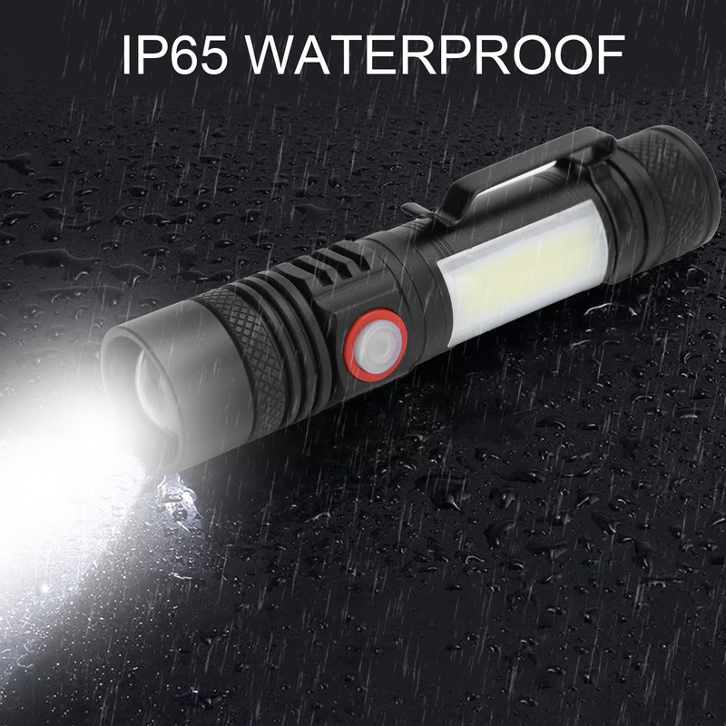 T6+COB Electric Torch Telescopic Zoom Powerful Flashlight Dual Light Sources