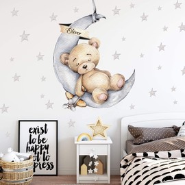 V300 Wall Sticker Bear on the Moon with Desired Name Hand Drawn Sticker Nursery Wall Sticker Teddy Bear with Stars Teddy (21 x 30 cm)