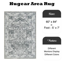 HUGEAR 5x7 Area Rugs for Living Room Vintage Machine Washable Rugs Grey Lightweight Chenille Print Rug Low Pile Carpet Throw Rug for Bedroom Office Dining Room Kitchen Laundry Room Non Slip