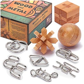 LESONG Brain Teasers Metal and Wooden Puzzles for Kids and Adults 9 Pack, Mind, IQ, and Logic Test and Handheld Disentanglement Games, 3D Coil Cast Wi