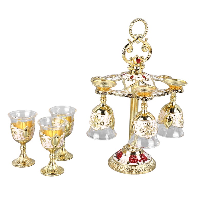 6Pcs Chinese Chalice Retro Style Zinc Alloy Glass Embossed Flower