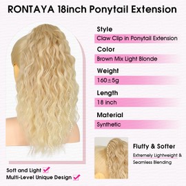 RONTAYA Claw Clip Ponytail, 18 Inch Ponytail Extensions for Women Multi Layered Fluffy Thick Wavy Jaw Clip in Fake Pony Tails Fake Hair Soft Wave Synthetic Hairpiece Ombre Light Blonde