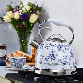 Laura Ashley China Rose Stovetop Kettle with Whistle - 2.5L Fast Boil Stainless Steel Kettle Stove Top - Silicon Coated Cool Handle Camping Kettle for Gas, Induction Hob - Compatible with Aga Stove