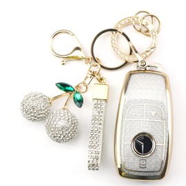 Rayslesan Sparkly Key Fob Cover with Cherry Keychain, Bling TPU Smart Key Case for Women, Compatible with Benz E, S, C, G, A Class CLA CLS GLA GLC GLE GLS SLC SL GLK GL SLK GT (4-Button, Gold White)