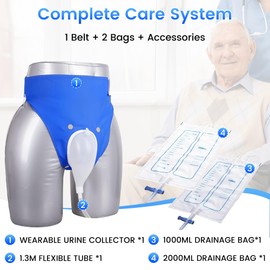 Urine Collection Bag Reusable Wearable Silicone Urine Drainage Device with 2 Bag Systems (Elderly Men, Blue)
