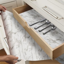 Drawer and Shelf Liner for Kitchen Cabinet Non-Adhesive Fridge Liner Washable Reusable Easy to Clean Non-Slip Liner for Cabinets, Dresser, Bathroom Cupboard Drawers, White Marble (17.5 in x 20 FT)
