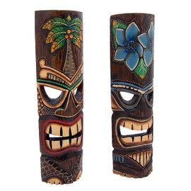 Wowser Hand Crafted Polynesian Hawaiian Style Floral Painted Tiki Masks, Wall Décor, Set of 2 Assorted Colors,19 Inches