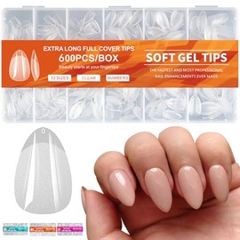 600 Piezas Tips para Uñas Soft Gel,Incluir 12 Tamaños,Uñas Postizas de Transparentes,Soft Gel Tips Acrilicas Postizas,Acabado Mate,No Requiere Lijado,Con Caja,para DIY Nail y Salones
