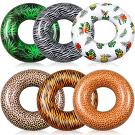 Poen 6 Pcs Large Inflatable Pool Float Tubes for Adults 32 Inches Tropical Leaves and Animal Patterns Swimming Rings Tube Floaties for Hawaii Beach Vacation Summer Holiday Party Supplies