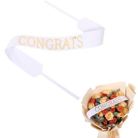 Set of 12 Bouquet Banner Grosgrain Ribbon Tie Wrap Printed Sash Florist Bulk Supply for Floral Arrangements (White - Congrats)
